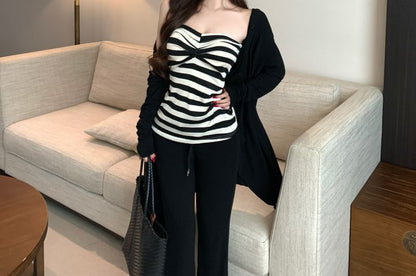 Striped Tube Top / Plain Cardigan / High Waist Flared Pants / Set