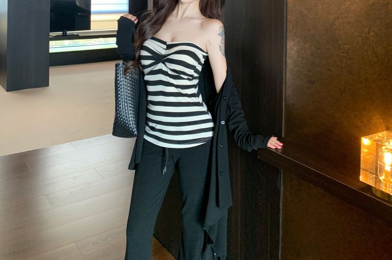 Striped Tube Top / Plain Cardigan / High Waist Flared Pants / Set