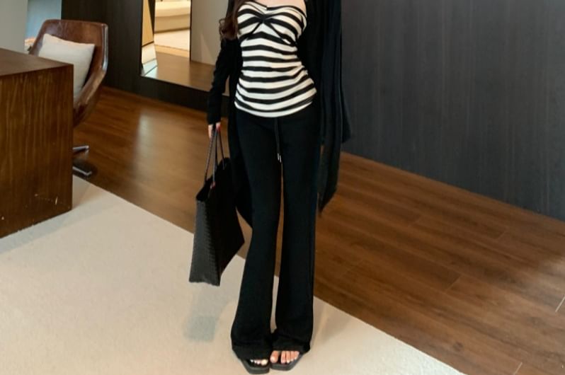Striped Tube Top / Plain Cardigan / High Waist Flared Pants / Set