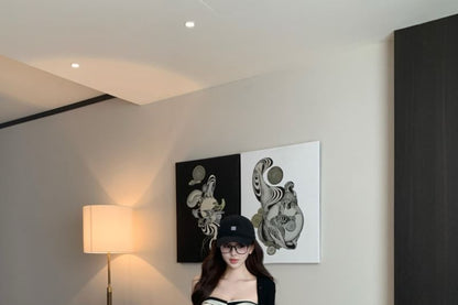 Striped Tube Top / Plain Cardigan / High Waist Flared Pants / Set
