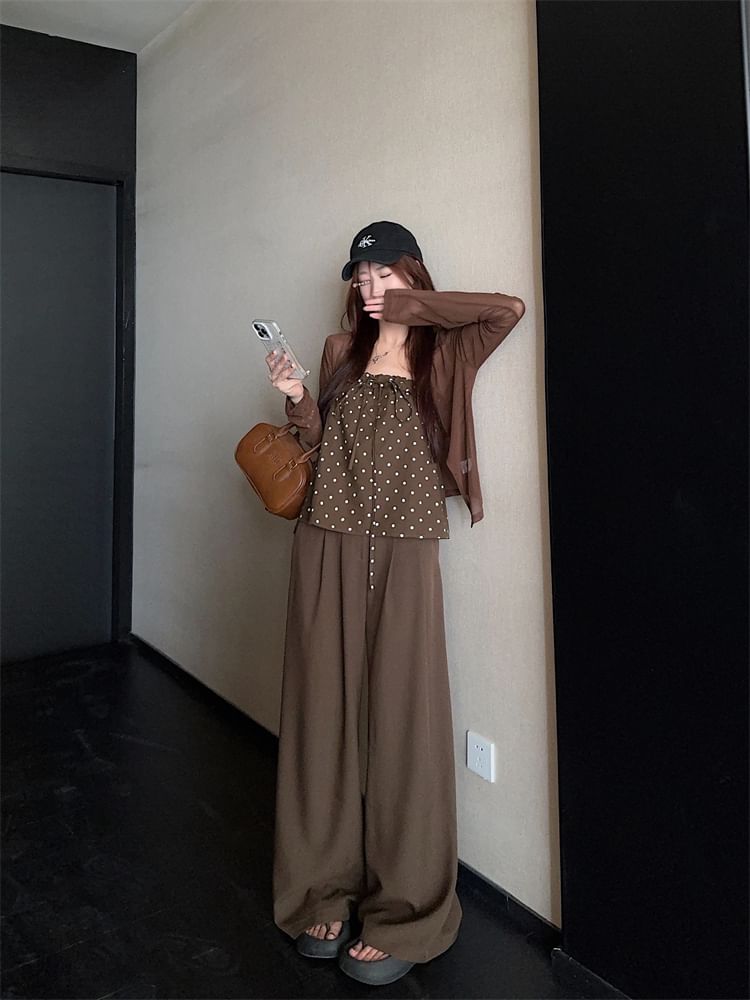 Dotted Camisole Top / Cardigan / High Waist Baggy Pants
