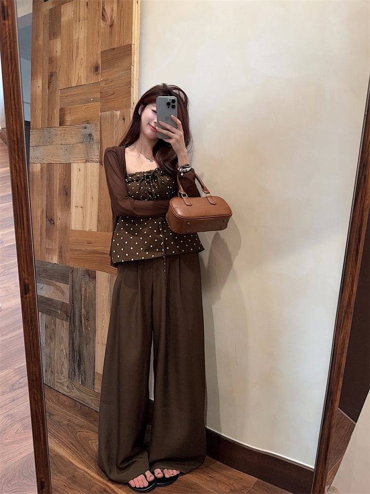 Dotted Camisole Top / Cardigan / High Waist Baggy Pants