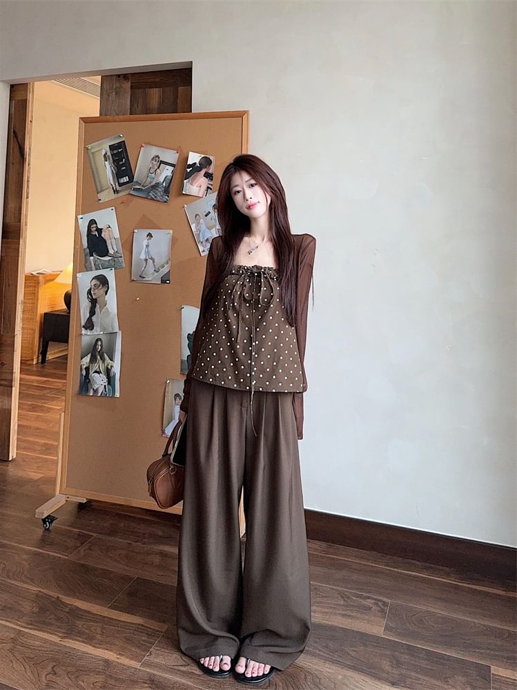 Dotted Camisole Top / Cardigan / High Waist Baggy Pants