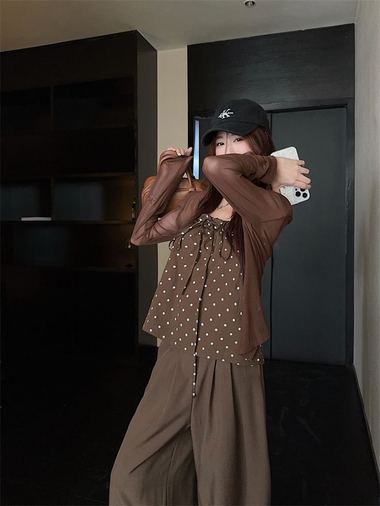 Dotted Camisole Top / Cardigan / High Waist Baggy Pants