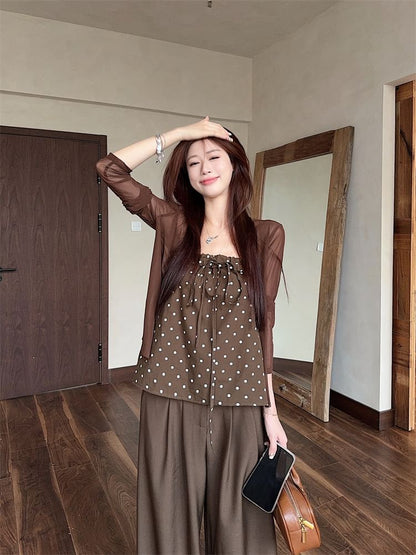 Dotted Camisole Top / Cardigan / High Waist Baggy Pants