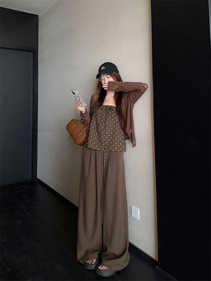 Dotted Camisole Top / Cardigan / High Waist Baggy Pants
