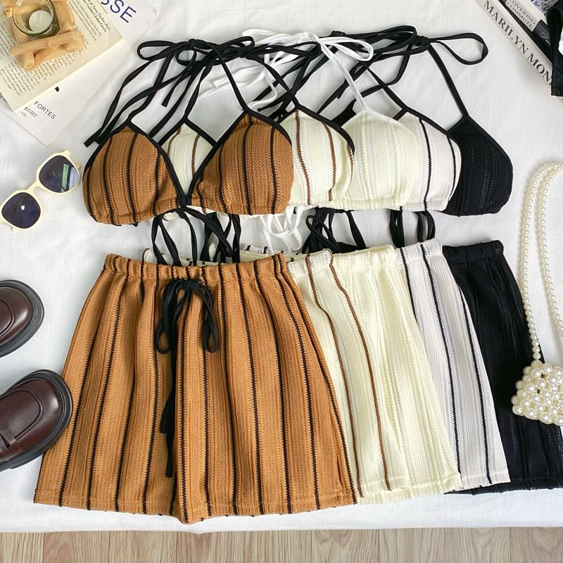 Striped Bra Top and Drawstring Mini Skirt Set
