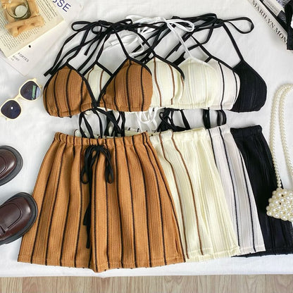 Striped Bra Top and Drawstring Mini Skirt Set