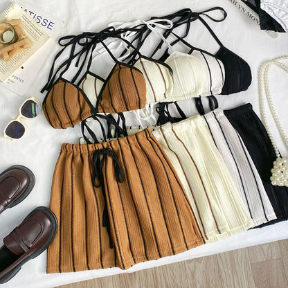 Striped Bra Top and Drawstring Mini Skirt Set