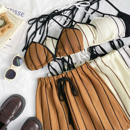 Striped Bra Top and Drawstring Mini Skirt Set