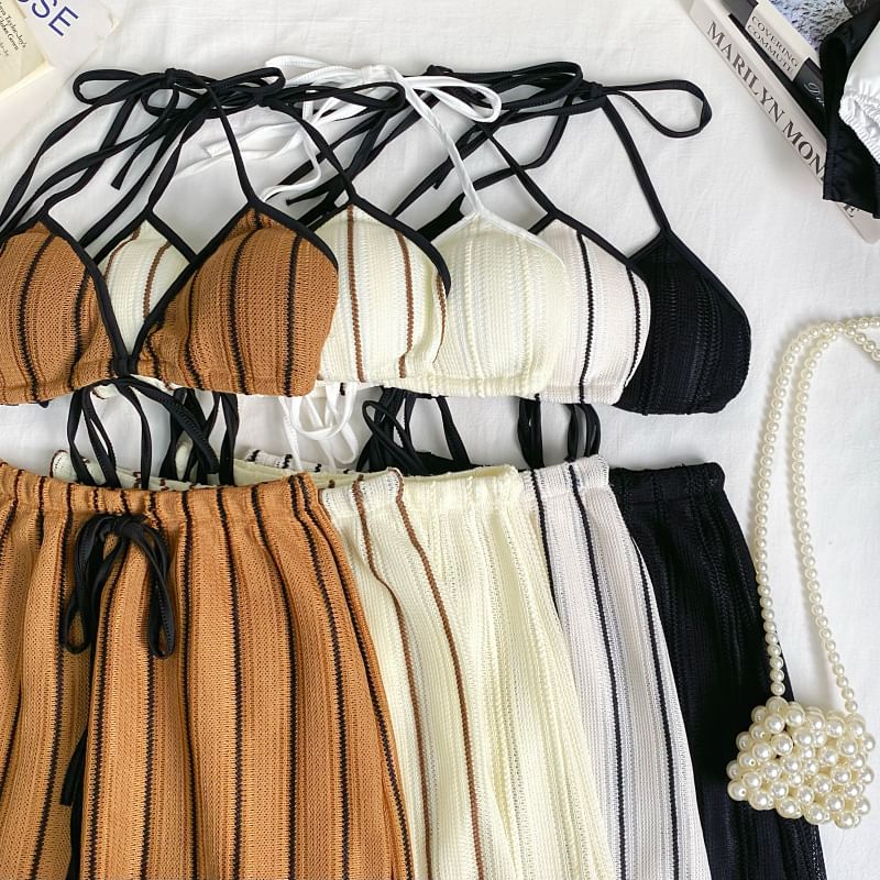 Striped Bra Top and Drawstring Mini Skirt Set