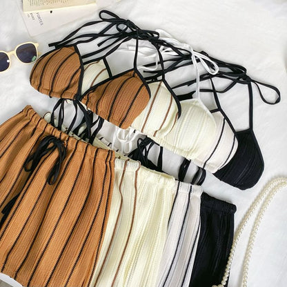 Striped Bra Top and Drawstring Mini Skirt Set