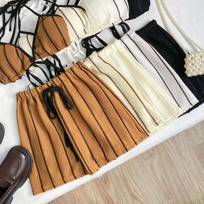 Striped Bra Top and Drawstring Mini Skirt Set