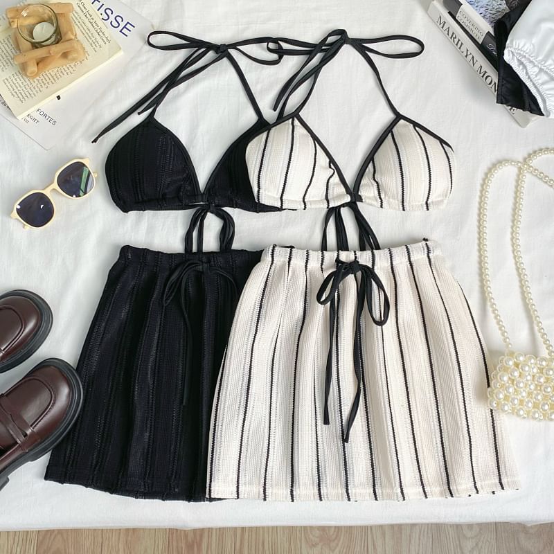Striped Bra Top and Drawstring Mini Skirt Set