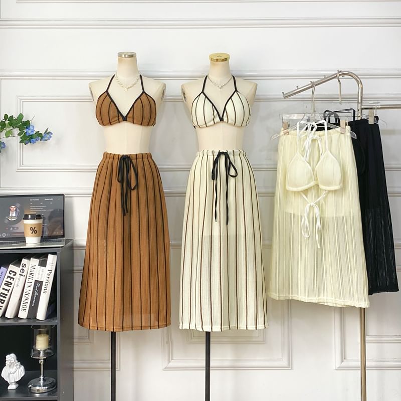 Striped Bra Top + Drawstring Maxi Skirt Set