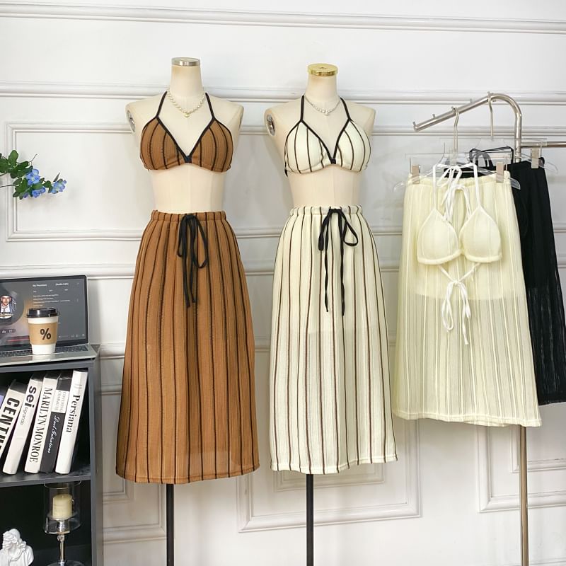 Striped Bra Top + Drawstring Maxi Skirt Set