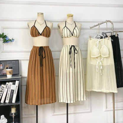 Striped Bra Top + Drawstring Maxi Skirt Set