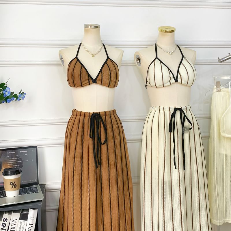 Striped Bra Top + Drawstring Maxi Skirt Set