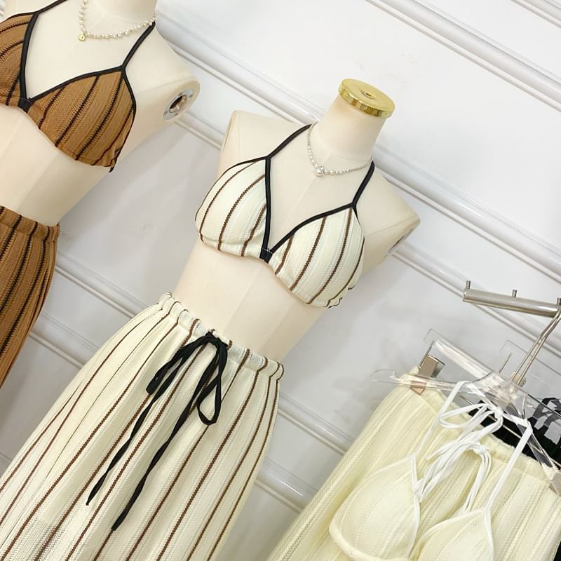 Striped Bra Top + Drawstring Maxi Skirt Set