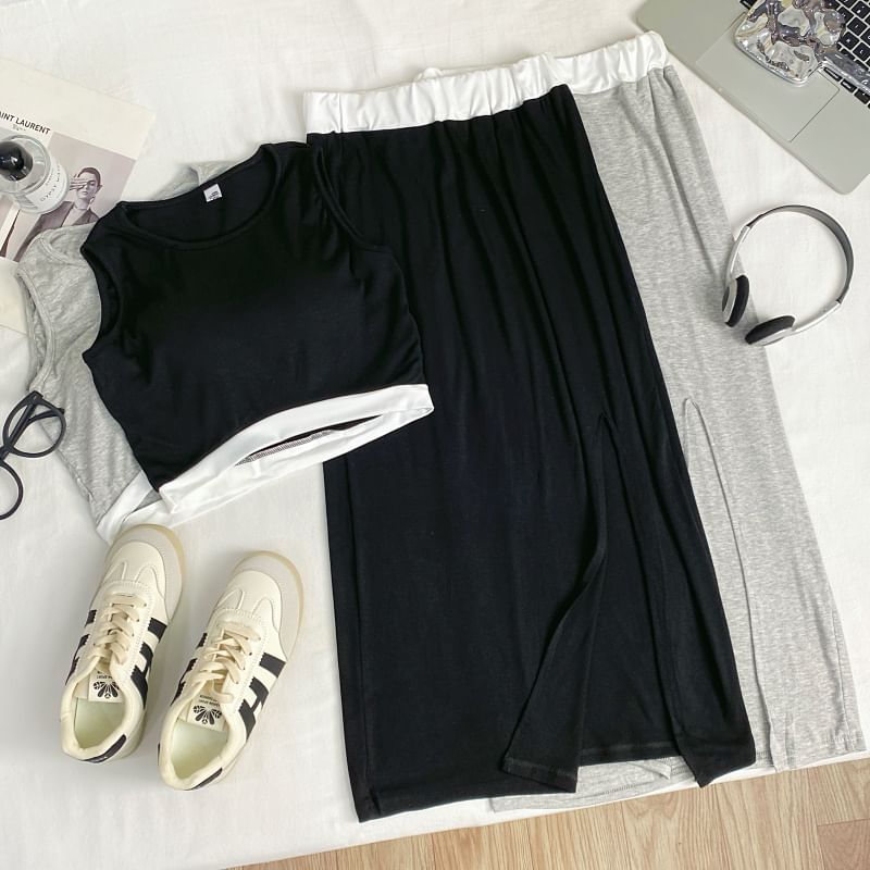 Two Tone Crop Tank and Maxi Skirt Set