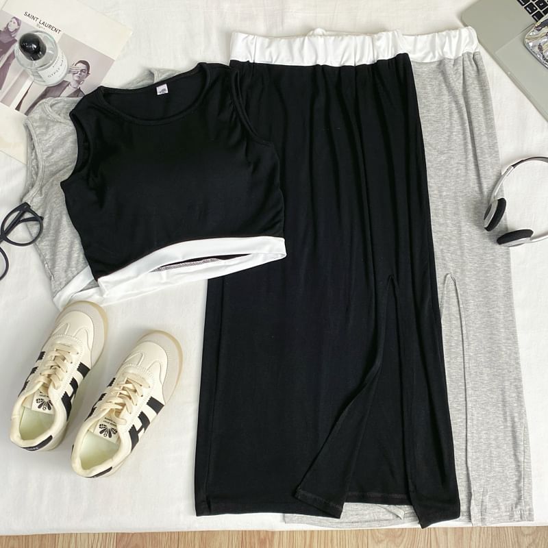 Two Tone Crop Tank and Maxi Skirt Set