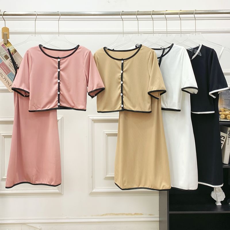 Contrast Trim Button-Up Top and Maxi Skirt Set