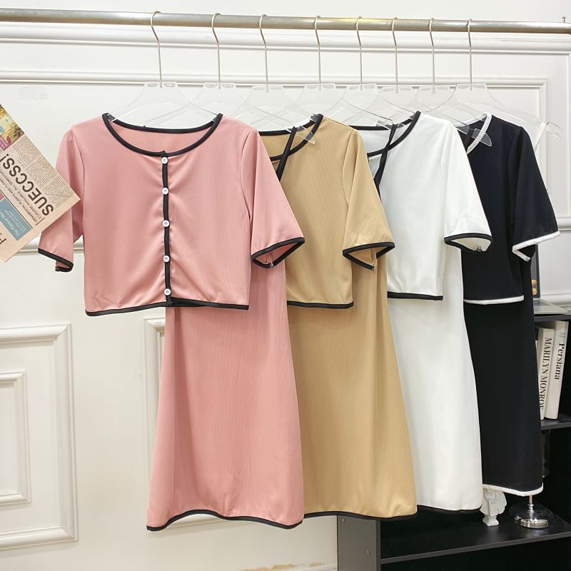 Contrast Trim Button-Up Top and Maxi Skirt Set