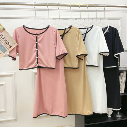 Contrast Trim Button-Up Top and Maxi Skirt Set