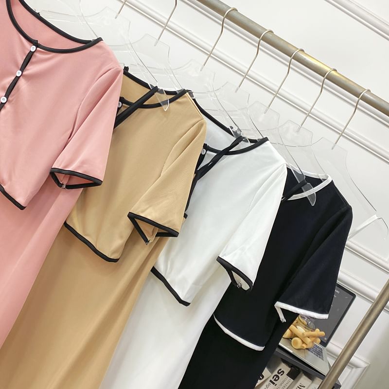 Contrast Trim Button-Up Top and Maxi Skirt Set