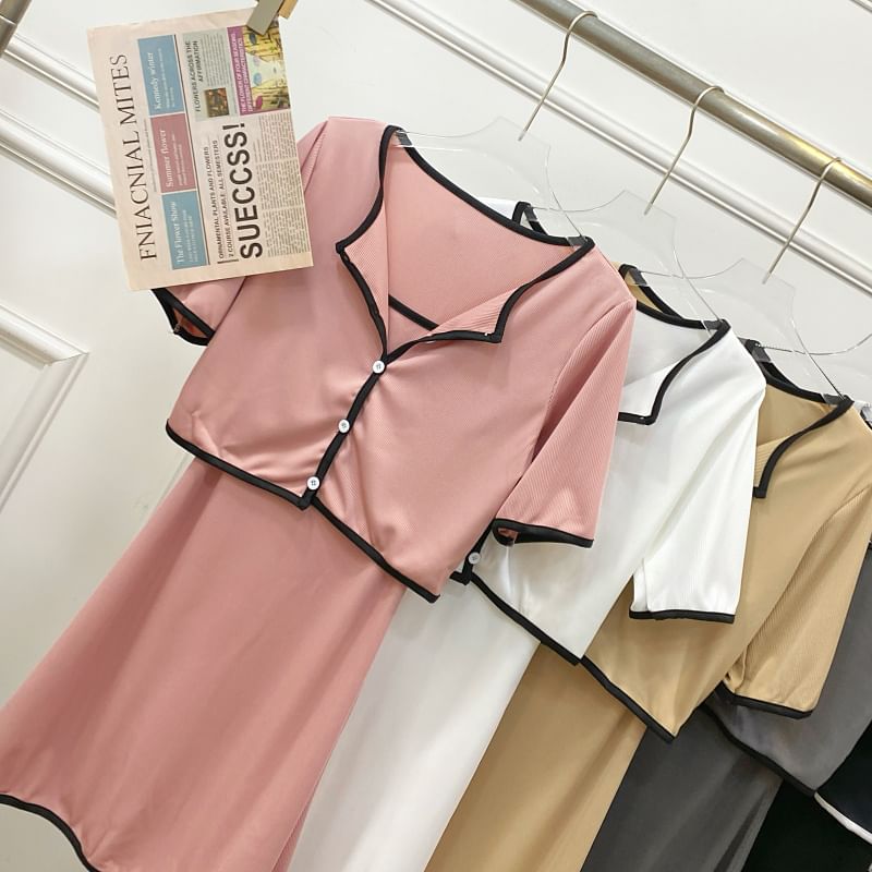 Contrast Trim Button-Up Top and Maxi Skirt Set