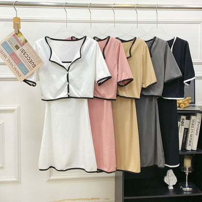 Contrast Trim Button-Up Top and Maxi Skirt Set