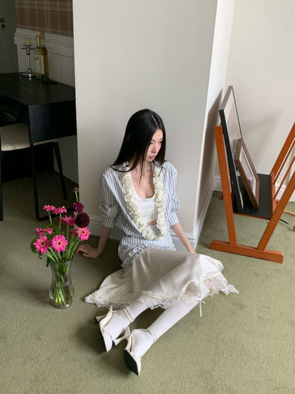 Long-Sleeve V-Neck Striped Ruffle Blouse / Halter Crop Top / Asymmetrical Lace Midi A-Line Skirt