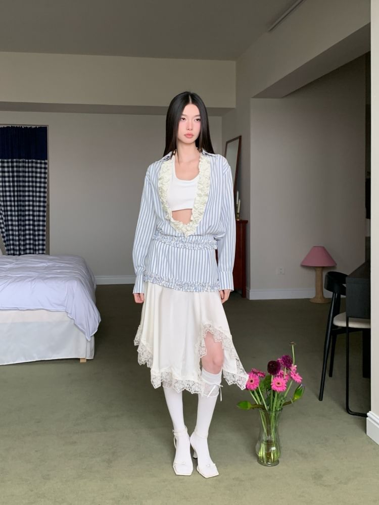 Long-Sleeve V-Neck Striped Ruffle Blouse / Halter Crop Top / Asymmetrical Lace Midi A-Line Skirt