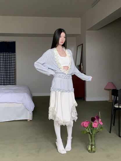 Long-Sleeve V-Neck Striped Ruffle Blouse / Halter Crop Top / Asymmetrical Lace Midi A-Line Skirt