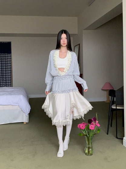 Long-Sleeve V-Neck Striped Ruffle Blouse / Halter Crop Top / Asymmetrical Lace Midi A-Line Skirt