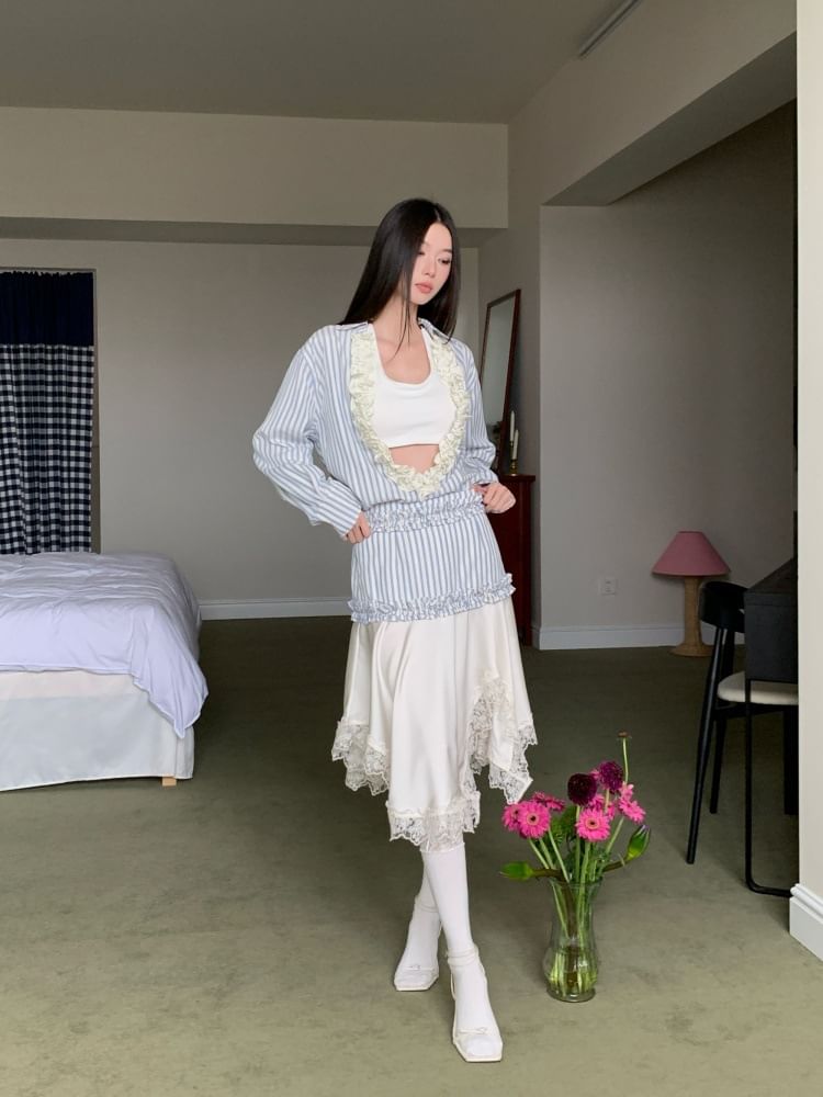 Long-Sleeve V-Neck Striped Ruffle Blouse / Halter Crop Top / Asymmetrical Lace Midi A-Line Skirt