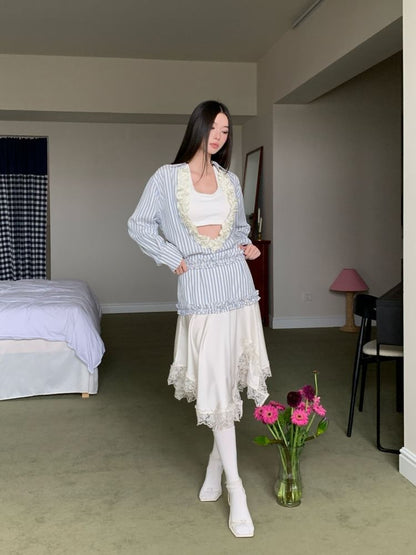 Long-Sleeve V-Neck Striped Ruffle Blouse / Halter Crop Top / Asymmetrical Lace Midi A-Line Skirt
