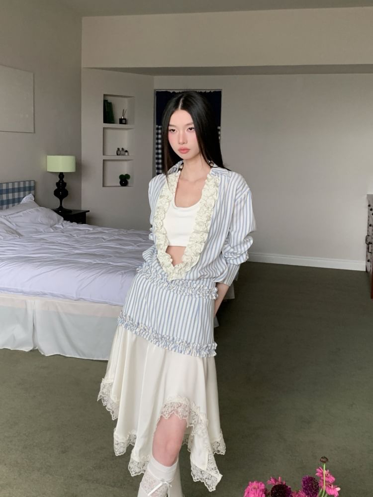 Long-Sleeve V-Neck Striped Ruffle Blouse / Halter Crop Top / Asymmetrical Lace Midi A-Line Skirt