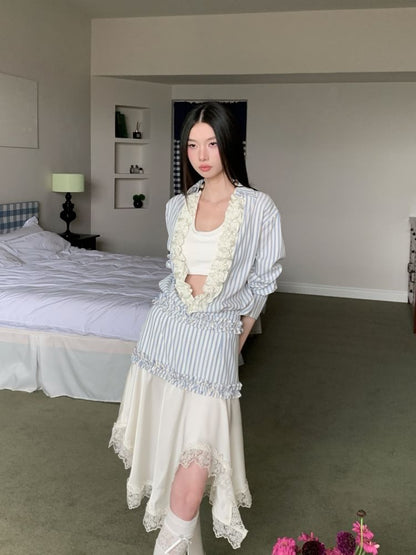 Long-Sleeve V-Neck Striped Ruffle Blouse / Halter Crop Top / Asymmetrical Lace Midi A-Line Skirt