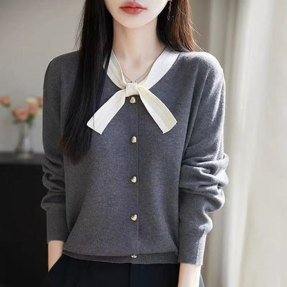 Long-Sleeve Round Neck Knot Detail Cardigan