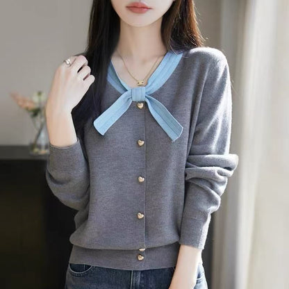 Long-Sleeve Round Neck Knot Detail Cardigan