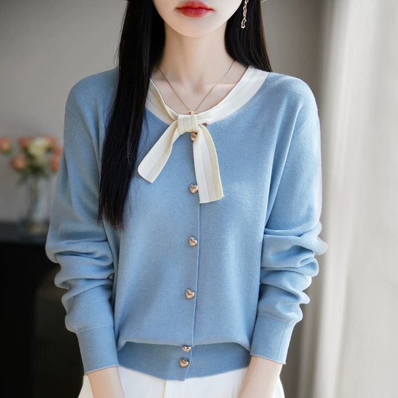 Long-Sleeve Round Neck Knot Detail Cardigan