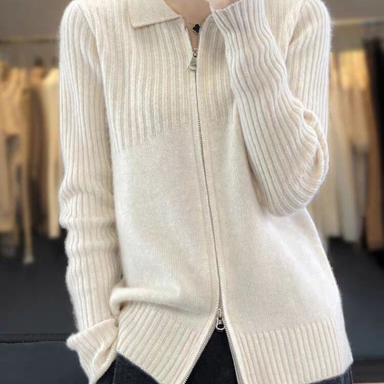 Collared Plain Ribbed Zip Cardigan