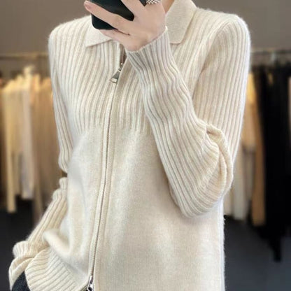 Collared Plain Ribbed Zip Cardigan