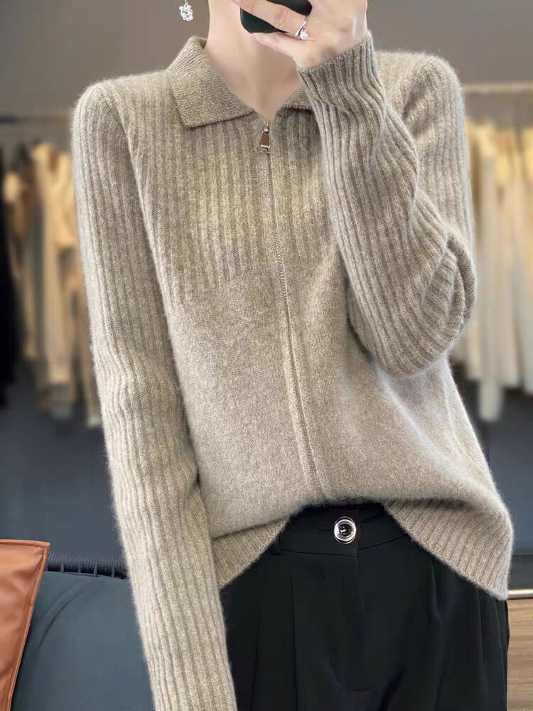 Collared Plain Ribbed Zip Cardigan