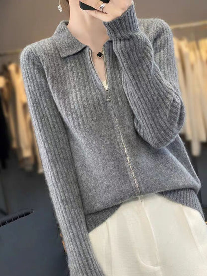 Collared Plain Ribbed Zip Cardigan