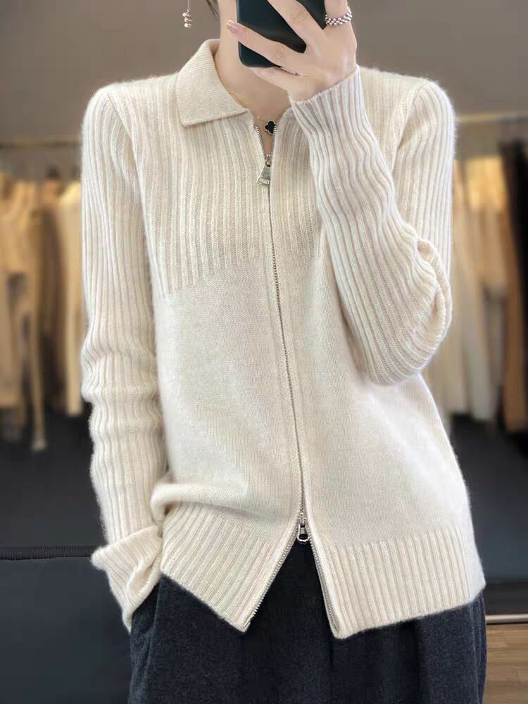 Collared Plain Ribbed Zip Cardigan