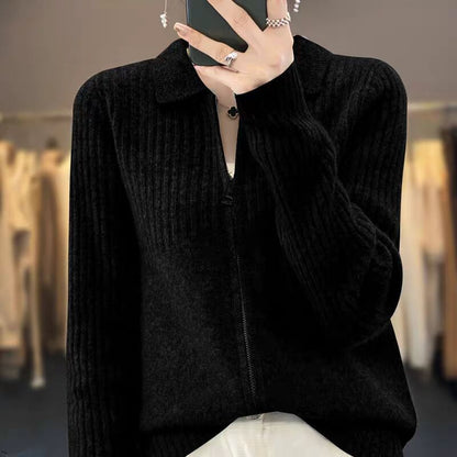 Collared Plain Ribbed Zip Cardigan
