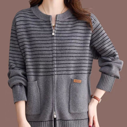 Round Neck Striped Zip Cardigan