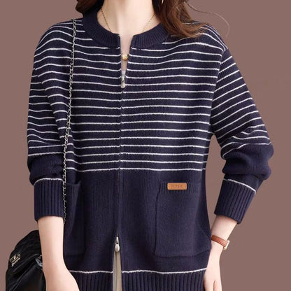 Round Neck Striped Zip Cardigan